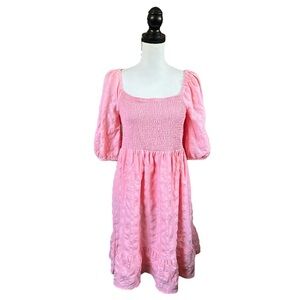 BCBGeneration Smocked Ruffle Puff Sleeve Dress Blossom Pink Milkmaid Spring M